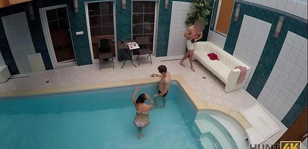 trendsHUNT4K. Slim brunette has sex with stranger by the pool near her man